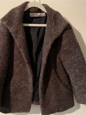 Zara Basic Mohair Yarn Brown Jacket, Clasp Front , Front Pockets